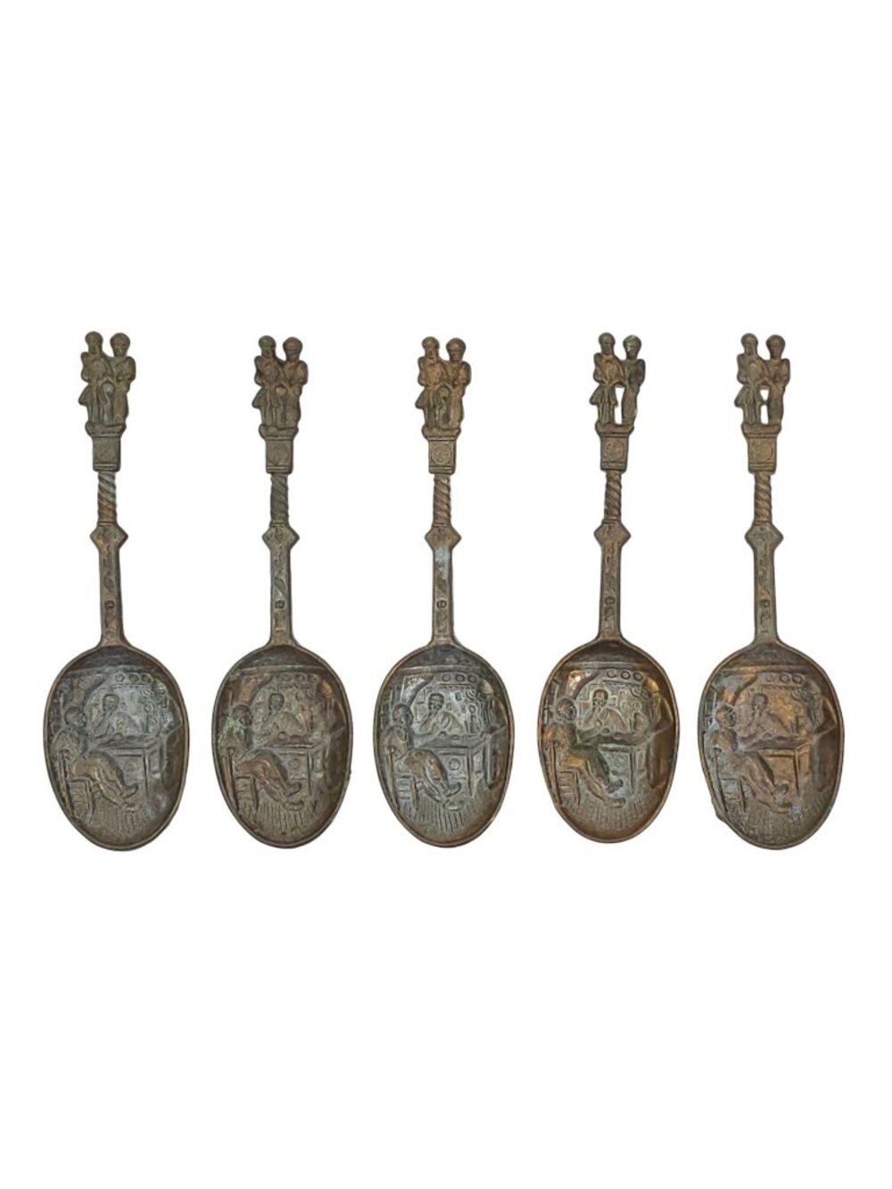 Tavern Scene Embossed Relief Spoons Dutch Netherlands Copper Couple Figures Lot